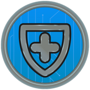 A round sticker illustration. There is a grey shield outline on a blue background.