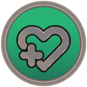 A round sticker illustration. There is a grey heart outline on a green background.