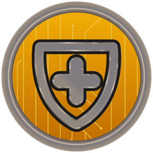 A round sticker illustration. There is a grey shield outline on a yellow background.
