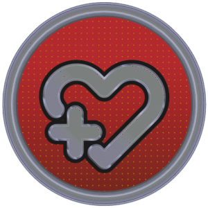 A round sticker illustration. There is a grey heart outline on a red background.